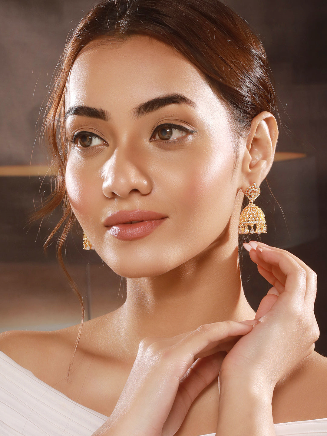 Gold Plated Cubic Zircon Studded Statement Jhumka Earrings